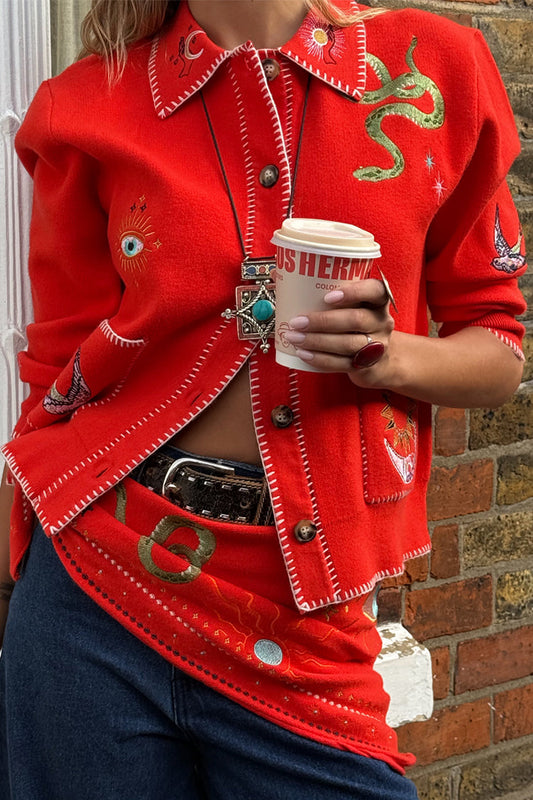 Red Mystical Cardigan with Collar