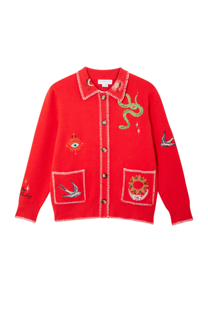 Red Mystical Cardigan with Collar
